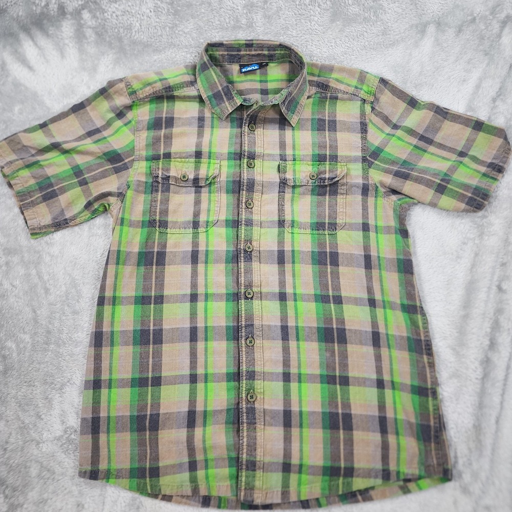 KAVU Shirt‎ Mens Large Green Plaid Short Sleeve Button Up Local Worldwide Pocket